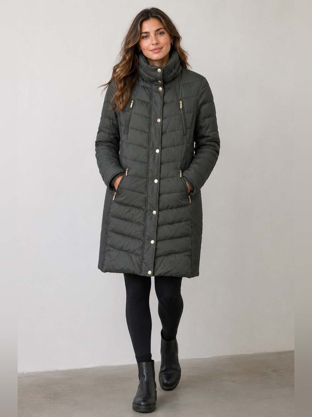 Michael Kors Long Down Quilted Puffer Coat Deep Slate Green 60% Down